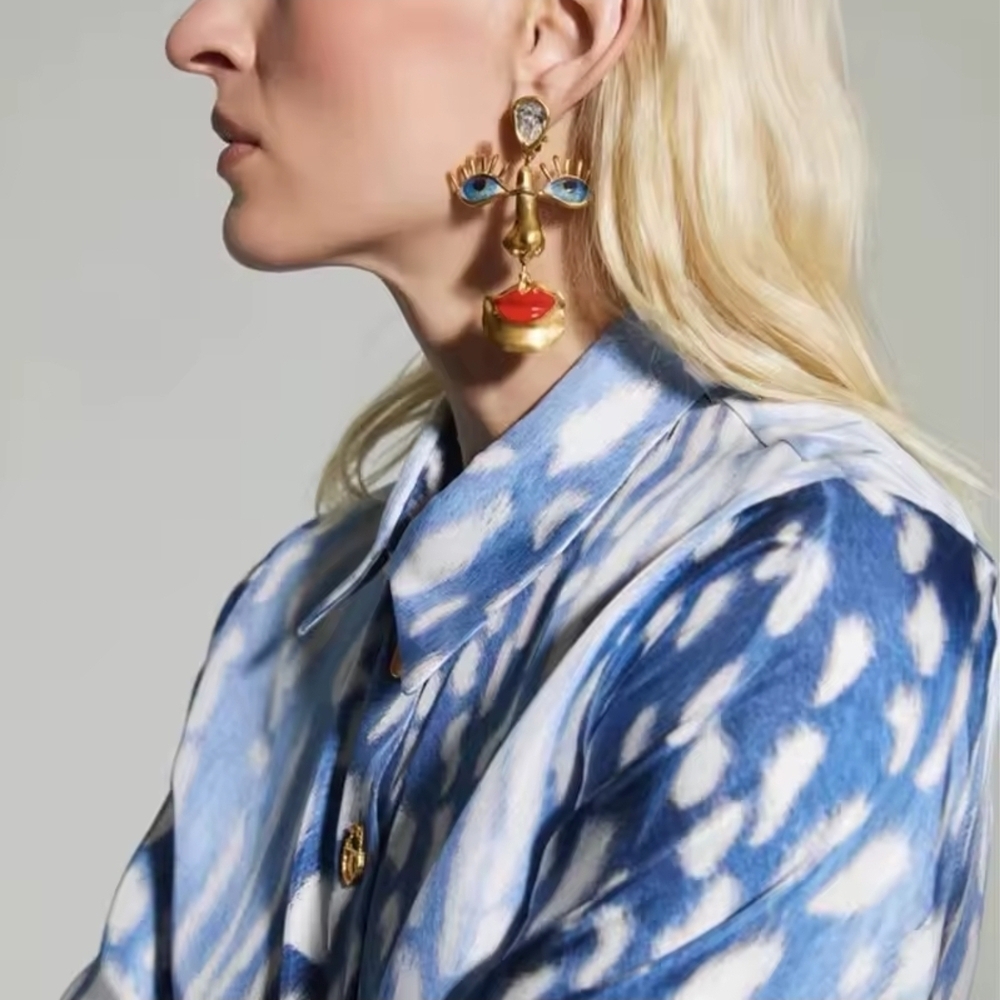 Statement Gold Face Motif Drop Earrings with Blue and Red Enamel - Picture 2 of 4